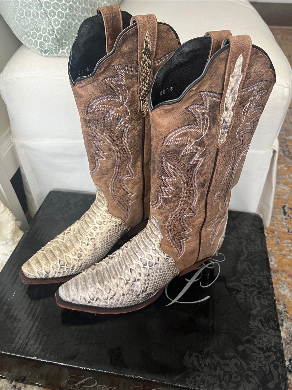 Dan Post Brown Cowgirl Boots with White Snakeskin Toe